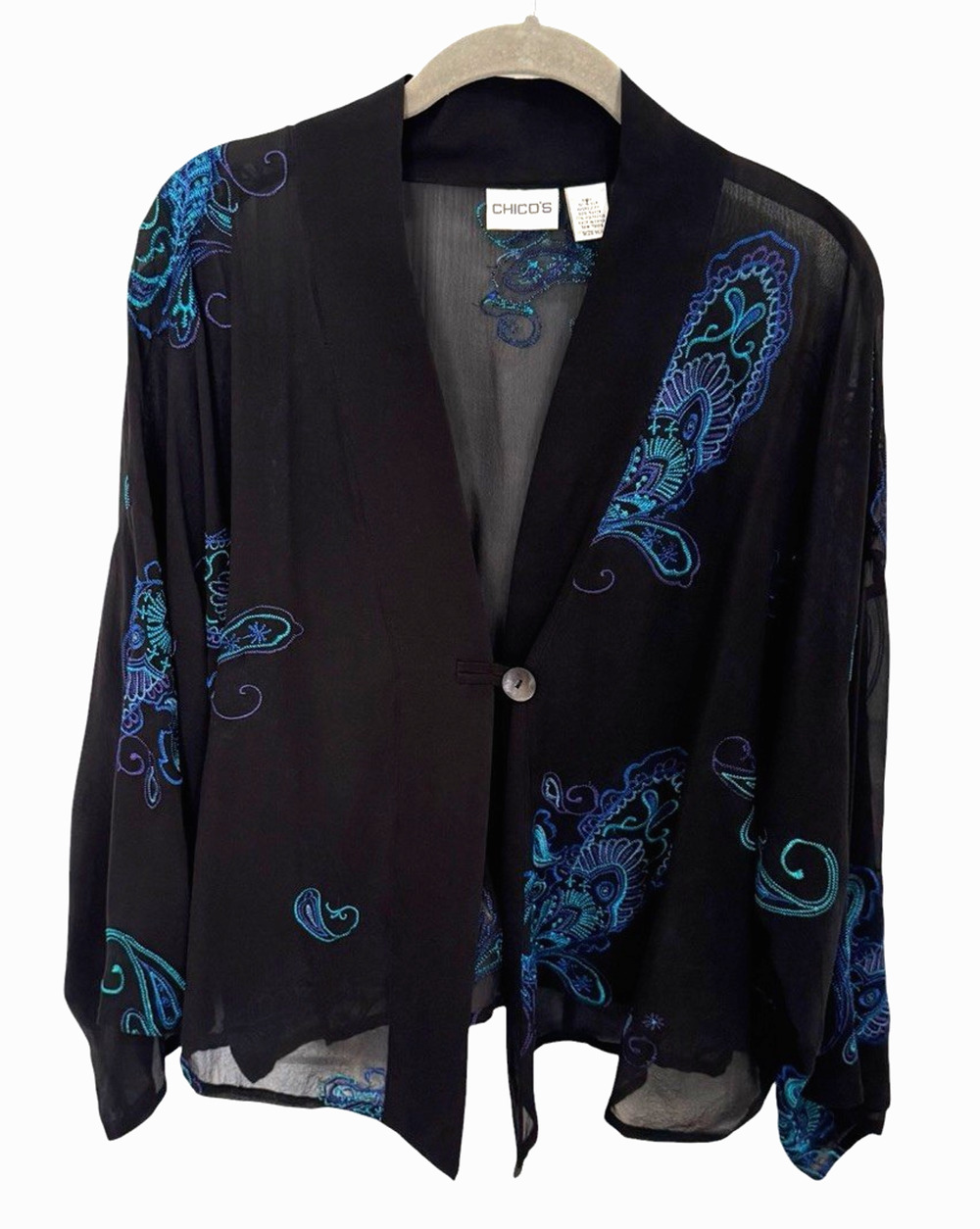 Chico’s Sz M/L 100% Silk Kimono Sleeve Blouse Black Multi Paisley Floral Print